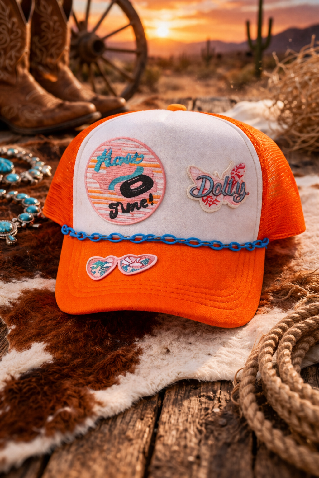 Custom | Western Style Trucker Hat | Texas River Time | Dolly | Orange | Snap Back
