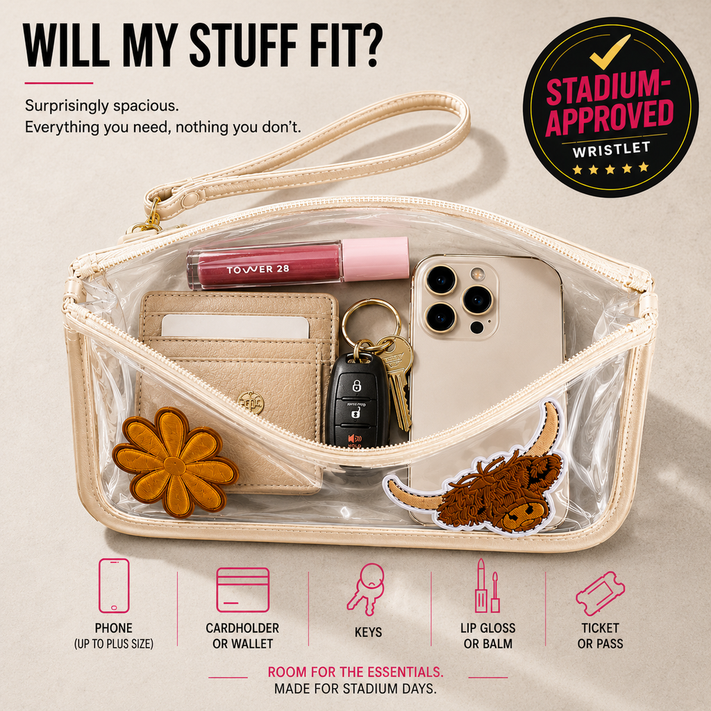 Stadium approved clear wristlet bag with zipper closure and 9x6 dimensions