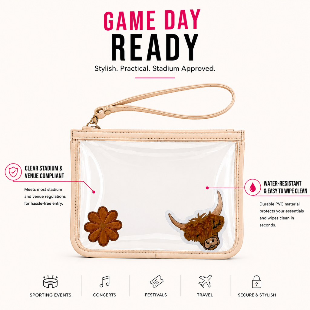 Stadium approved clear wristlet bag with zipper closure and 9x6 dimensions
