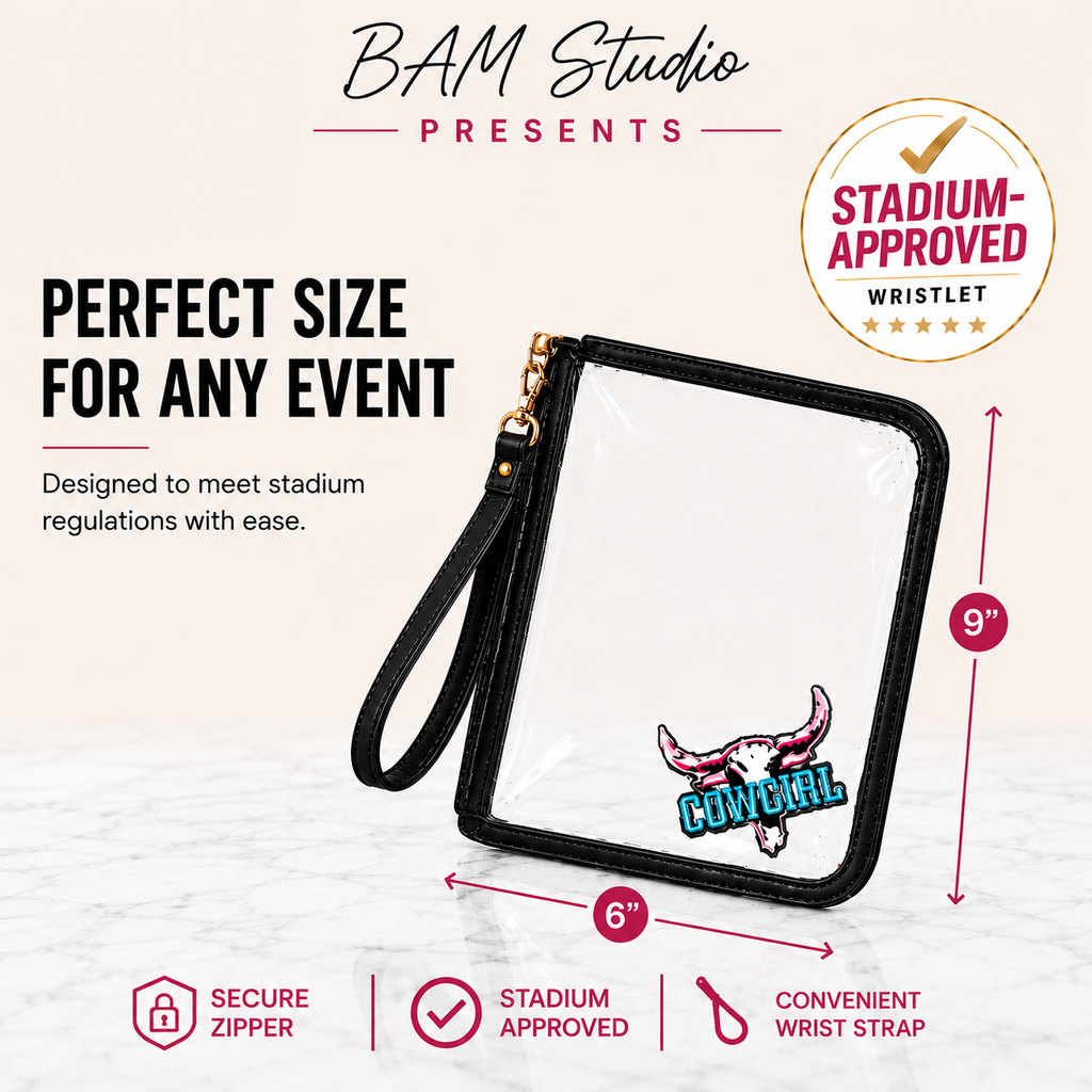 Stadium approved clear wristlet bag with zipper closure and 9x6 dimensions