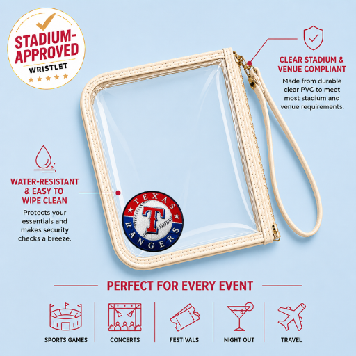 Texas Rangers stadium approved clear wristlet bag with venue compliant features
