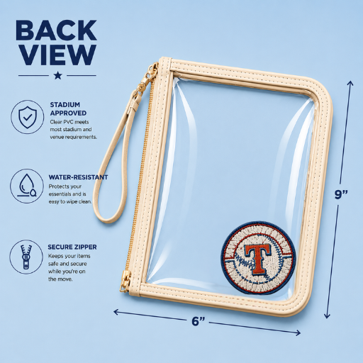 Back view of Texas Rangers clear wristlet bag with dimensions displayed