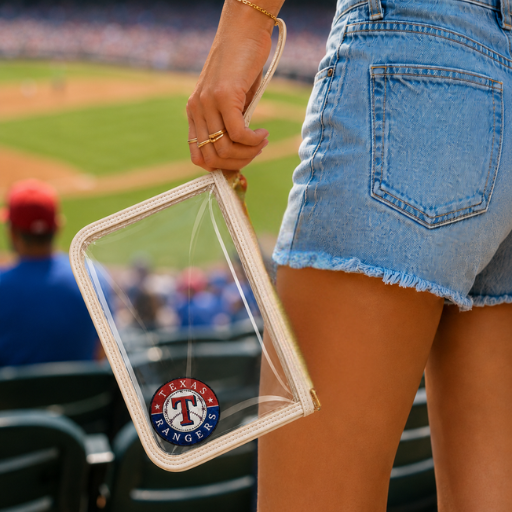 Woman holding Texas Rangers clear stadium approved wristlet bag at a baseball game