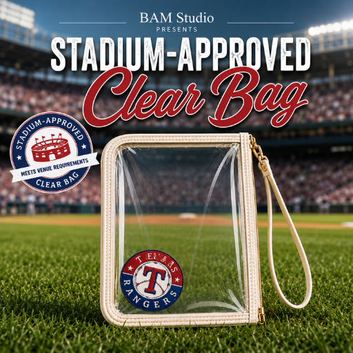 Texas Rangers stadium approved clear wristlet bag displayed on baseball field background. Dimensions 9" x 6".