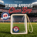 Texas Rangers stadium approved clear wristlet bag displayed on baseball field background. Dimensions 9" x 6".