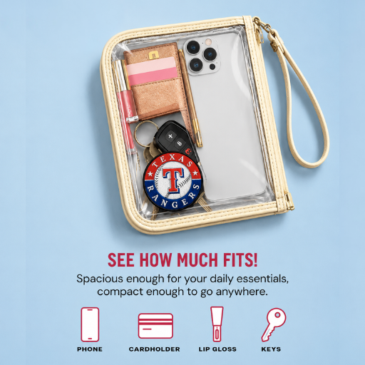 Texas Rangers clear wristlet bag showing phone wallet keys and lip gloss inside