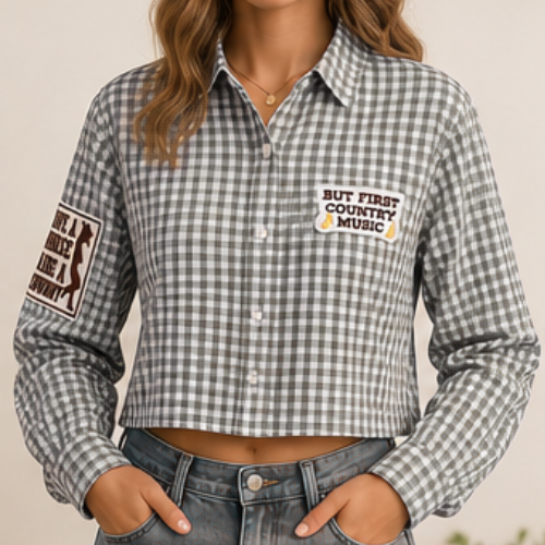 Cropped Button Up Shirt Small Brown Gingham Merona Reworked Classic Preppy Crop