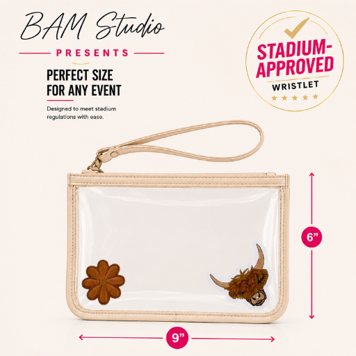 Stadium approved clear wristlet bag with zipper closure and 9x6 dimensions