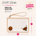 Stadium approved clear wristlet bag with zipper closure and 9x6 dimensions