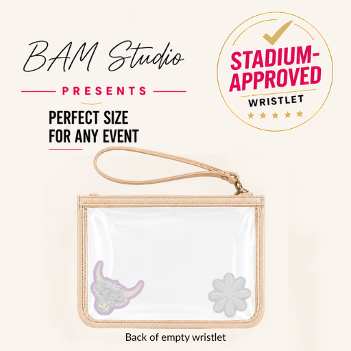 Stadium approved clear wristlet bag with zipper closure and 9x6 dimensions